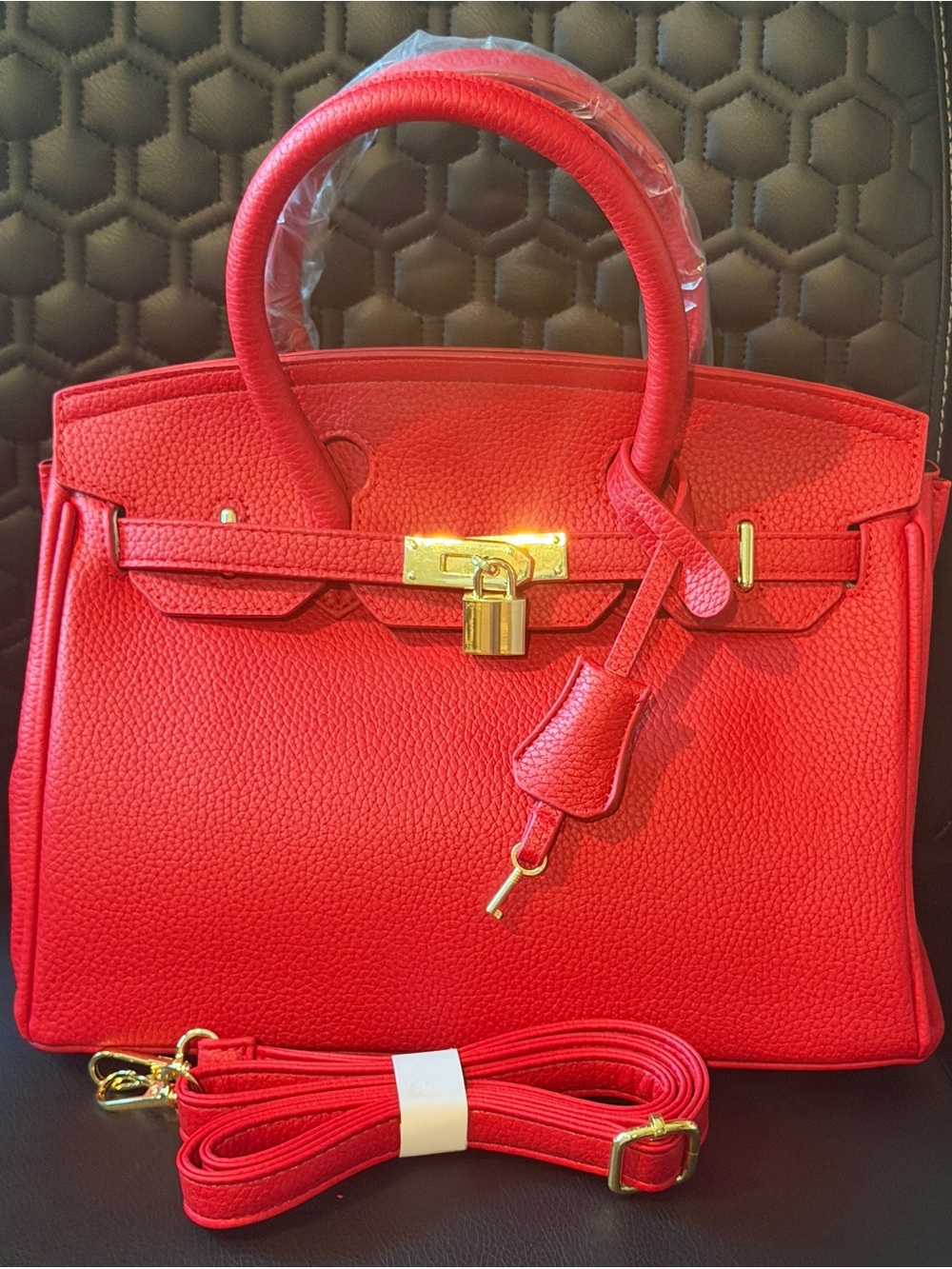 Bright Red Structured Top-Handle Women’s Handbag with Gold Hardware